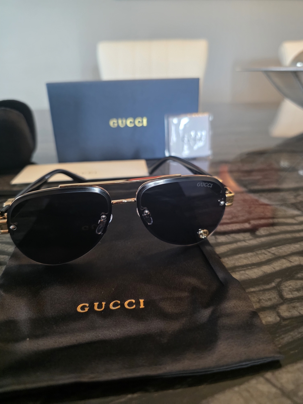 NWT Gucci 1220s Black & Gold Aviator Sunglasses - Picture 10 of 11